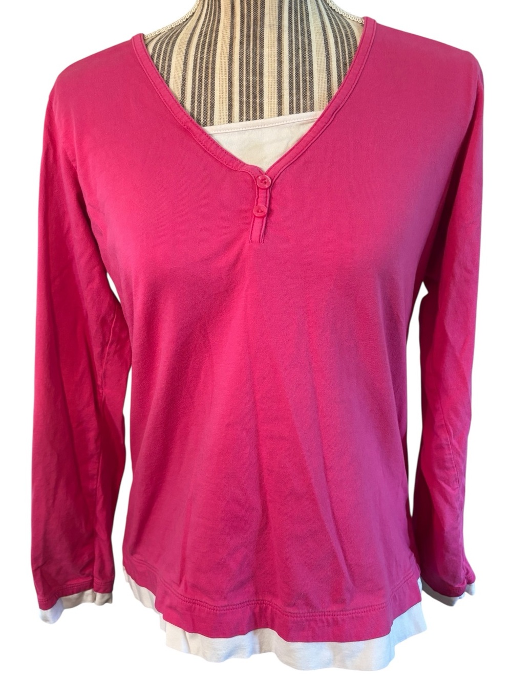Adonna Top Medium 8-10 Bright Pink V-Neck Long-Sleeve White Accents 100% Cotton